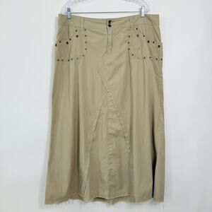 Venezia‎ Y2K Western Maxi Skirt Size 18 Khaki Studded Pockets Raw Hem